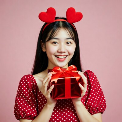 Asian girl with heart headband holding gift