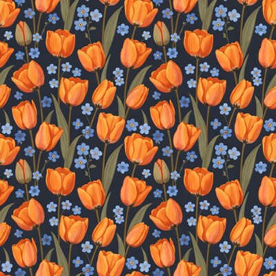 Orange Tulips and Blue Forget-Me-Nots Pattern