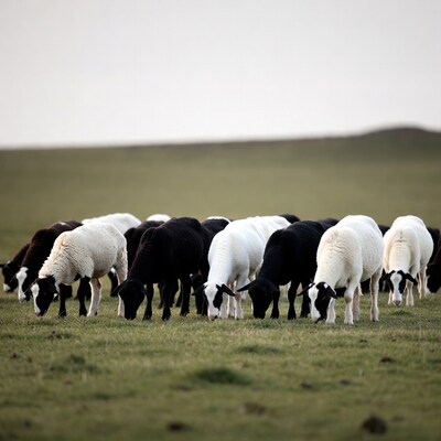 Black and white sheep grazing in field