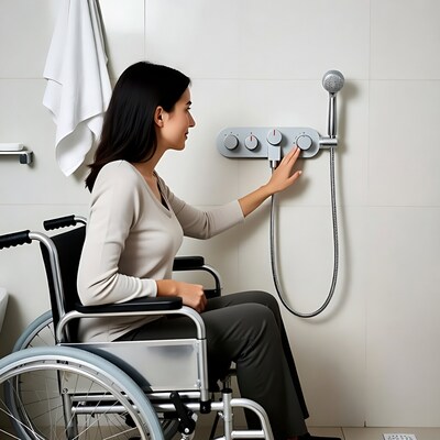 Asian woman in wheelchair using shower