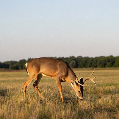 Buck deer grazing in field