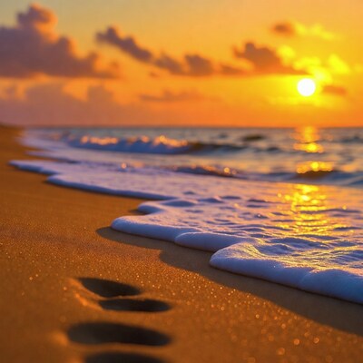 Footprints in sand at sunset beach