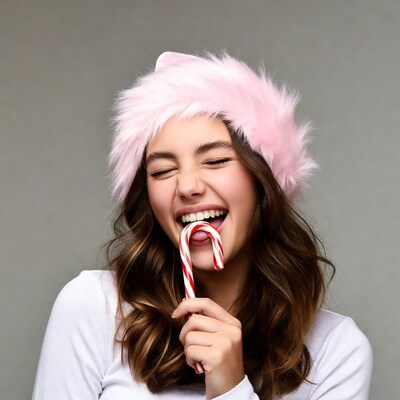 Girl eating candy cane with pink Santa hat
