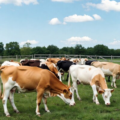 Herd of cows grazing in green pasture