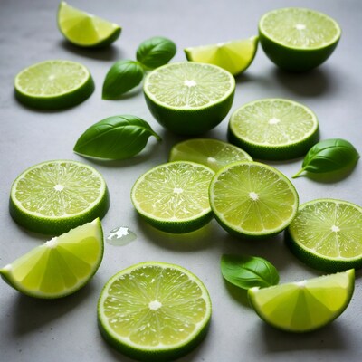 Fresh Lime Slices with Basil Leaves