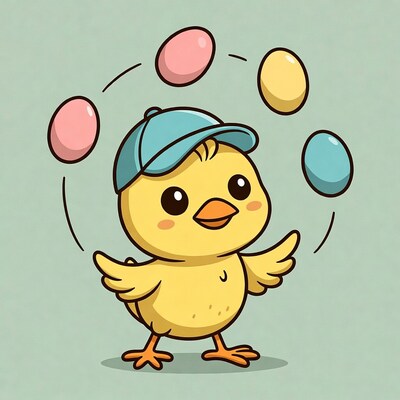 Cute chick juggling colored eggs