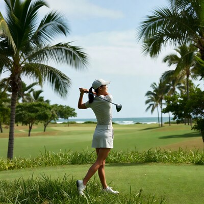 Asian woman swinging golf club