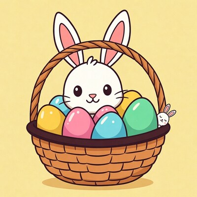 Cute bunny in Easter basket with eggs