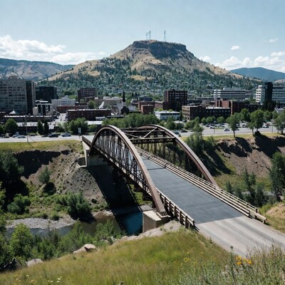 Arch Bridge over River with City and Mountain