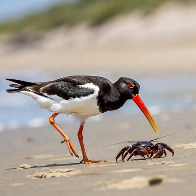 Oystercatcher pecking crab on beach