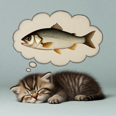 Sleeping kitten dreaming of fish
