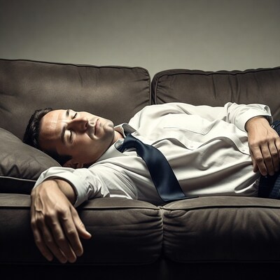 Man sleeping on couch in suit