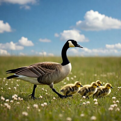 Canada Goose Leading Goslings in Grass