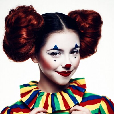 Woman in clown makeup with red hair buns