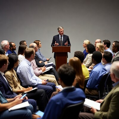 Man speaking at business meeting