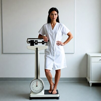 Nurse standing on weighing scale