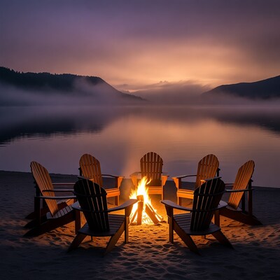 Adirondack Chairs Around Campfire by Lake