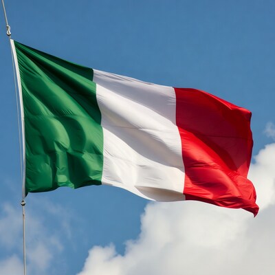 Italian Flag Waving in Blue Sky
