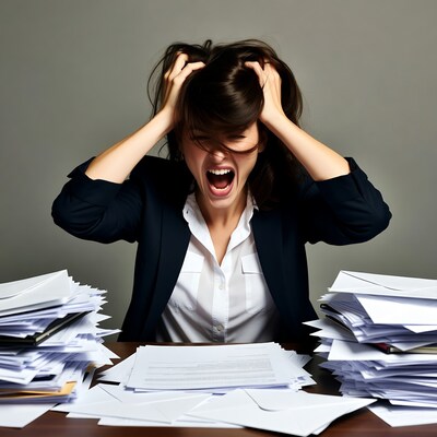 Woman screaming in frustration at paperwork