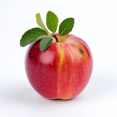Red apple with green leaves