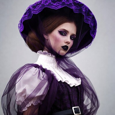 Woman in purple lace Victorian hat