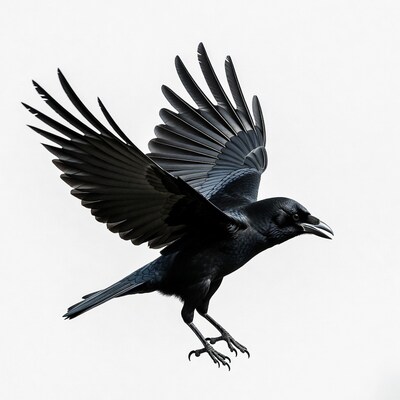Flying Raven on White Background