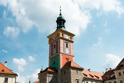 Colorful Clock Tower in Czech Town