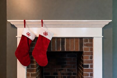 Red Christmas Stockings on Fireplace Mantle