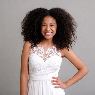 Smiling Black girl in white lace dress