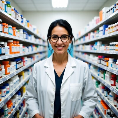 Smiling Latina Pharmacist in Drugstore
