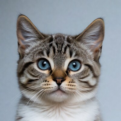 Close-up of blue-eyed tabby kitten