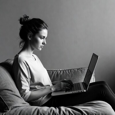 Woman typing on laptop on couch