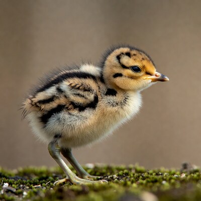 Fluffy chick standing on moss