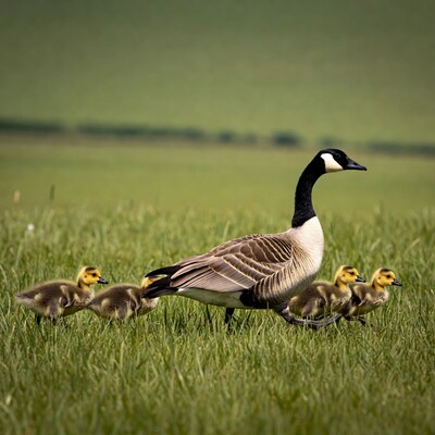 Canada Goose with Goslings in Grass