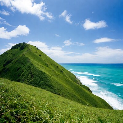 Green cliff overlooking turquoise ocean