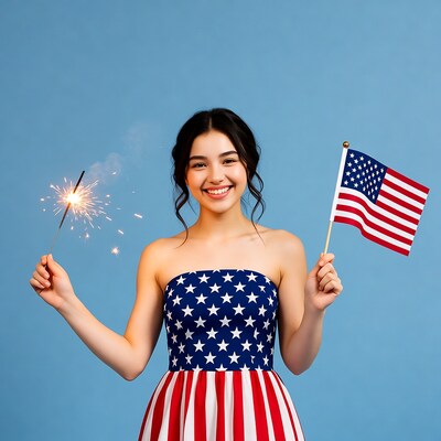 Asian woman with sparkler and American flag