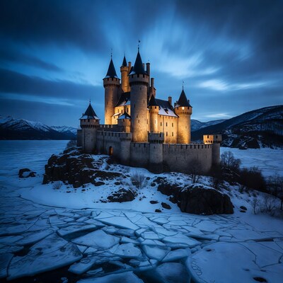 Lit Snowy Castle on Frozen Lake