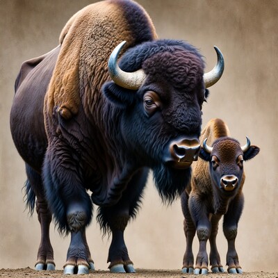 Bison mother and calf standing together