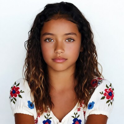 Mixed-race girl in embroidered white dress