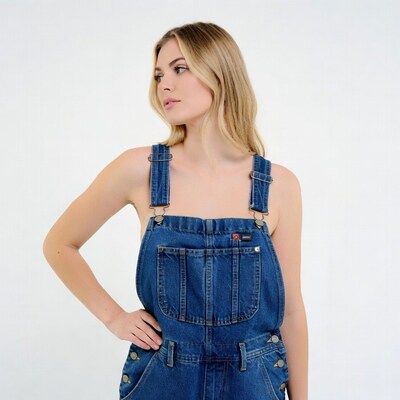 Blonde woman in denim overalls