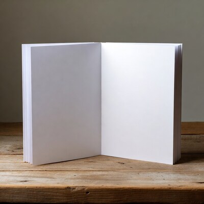 Open blank notebook on wooden table
