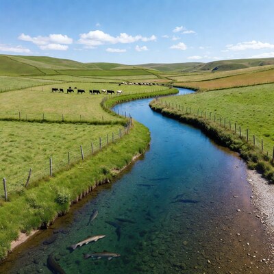 Salmon swimming in clear river with cows