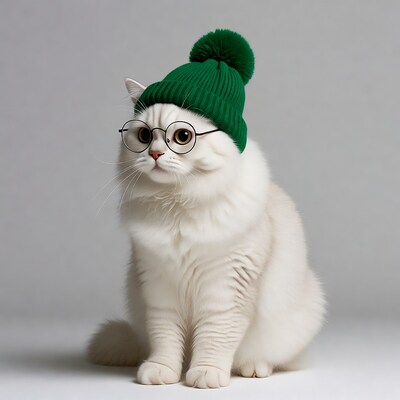 White cat wearing green beanie and glasses