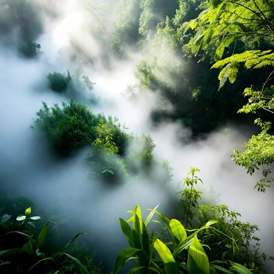 Misty Jungle with Sun Rays