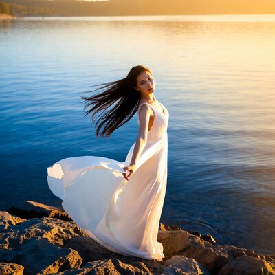 Asian woman in white dress by lake sunset