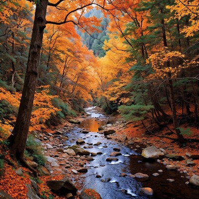Autumn Forest River with Orange Trees