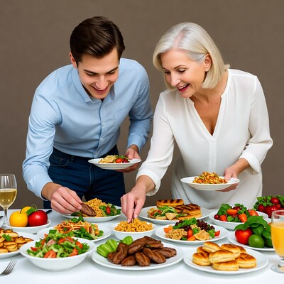 Man and woman serving food from table