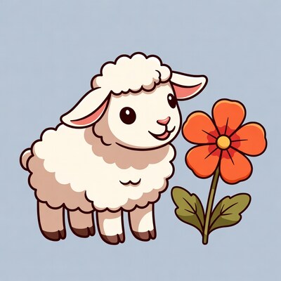 Cute cartoon lamb smelling flower