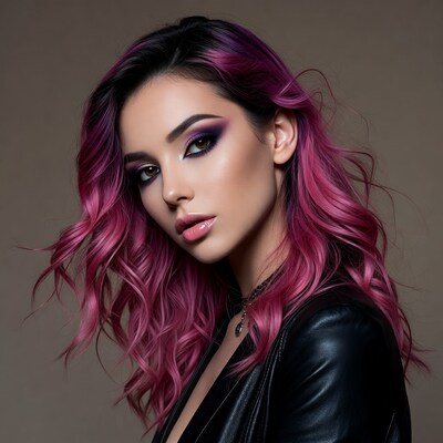 Woman with pink hair in leather jacket