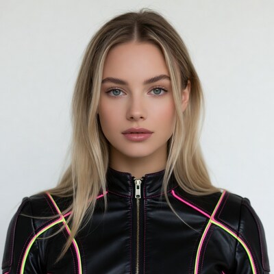 Blonde woman in black leather jacket